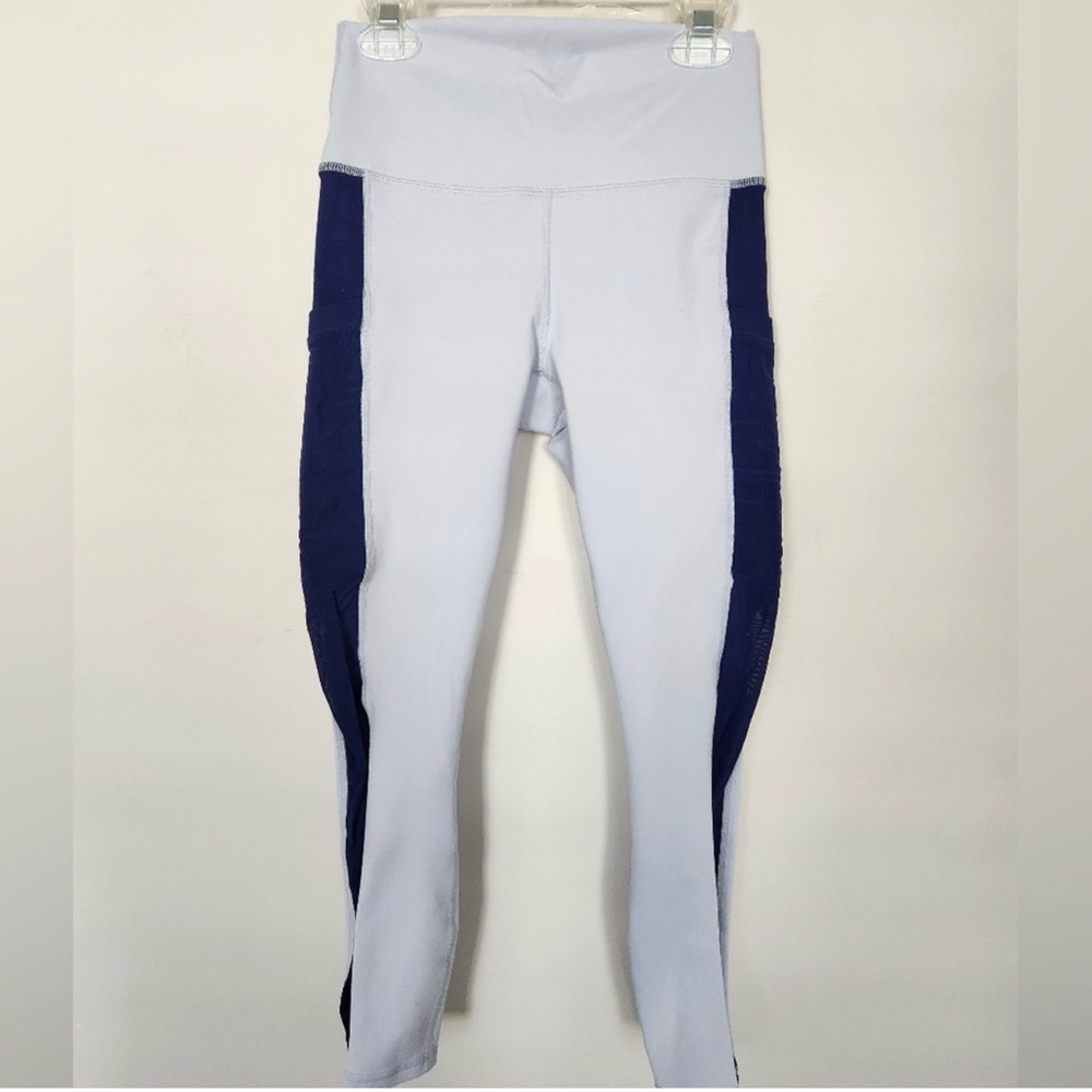 Fabletics Light Blue Leggings with Navy Side Panels